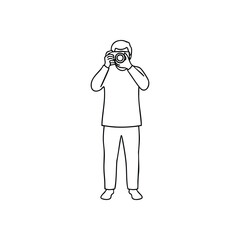 Photographer with Camera Icon. A sleek, clean line drawing of a person capturing an image. This vector graphic embodies vision, memory, and creative endeavors.