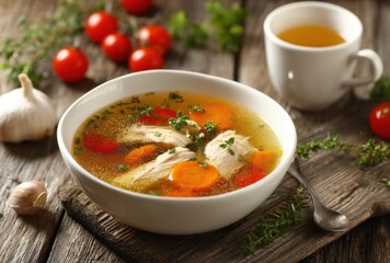 A steaming bowl of homemade vegetable and chicken soup garnished with herbs on a rustic wooden table with fresh tomatoes and a cup of tea in the background