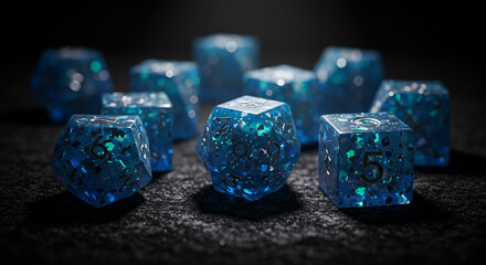 Dazzling blue polyhedral dice shimmer with captivating depth for tabletop game enthusiasts and collectors.