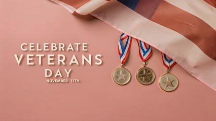 Veterans Day Celebration Image Featuring an American Flag Drape with Medals on a Muted Pink Background and Elegant Text