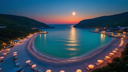 Serene coastal bay at dusk with moonlit waters