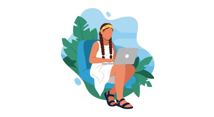 Relaxed young woman with braided hair working on her laptop in a comfortable setting, ideal for remote work, digital lifestyle, and leisure concepts.