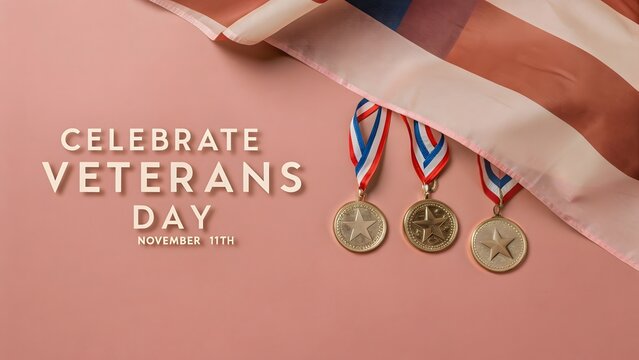 Veterans Day Celebration Image Featuring an American Flag Drape with Medals on a Muted Pink Background and Elegant Text
