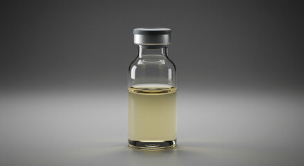 Clear glass vial with golden liquid and silver cap, representing medicine or scientific discovery