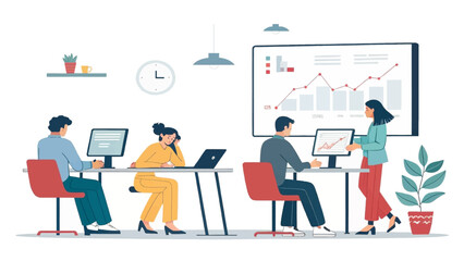 Team of diverse professionals analyzing data and collaborating in a modern office, representing business growth and productivity.