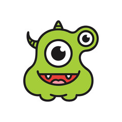Cute Green Cartoon Monster Character. This adorable lime creature grins broadly, featuring big curious eyes and charming little horns. It embodies playful fantasy and cheerful imagination.