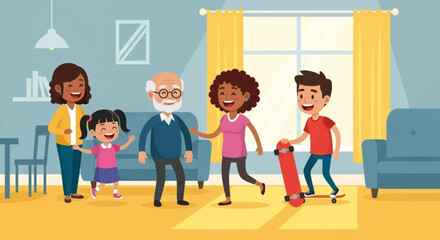 A happy multi-generational family enjoys quality time together in a bright living room, symbolizing warmth, connection, and joy. Perfect for family, lifestyle, or intergenerational themes.