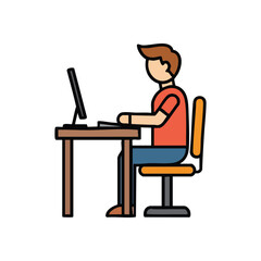 Person Working on Laptop Icon. Vibrant flat design portraying an individual intently using a notebook computer at a table. Symbolizes modern learning, remote jobs, and online connection.
