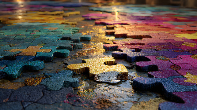 colorful puzzles on a floor, autism day generative ai