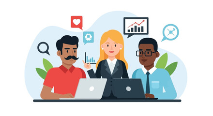 Diverse business team collaborating on laptops, analyzing data, and strategizing for growth. Ideal for digital marketing, HR, and corporate communication.