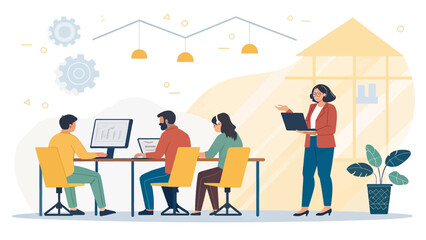 Business professionals collaborating and working on computers in a modern office, representing teamwork, innovation, and productivity.