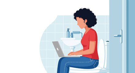 Woman busy on laptop while on the toilet, symbolizing extreme multitasking, remote work, or always being connected. Modern lifestyle and productivity.