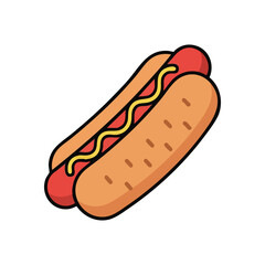 Classic Hot Dog Illustration. An appetizing wiener nestled in a bakery bun, adorned with squiggly yellow sauce. Represents a beloved American comfort meal, ready to enjoy.