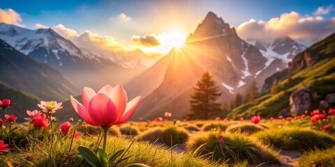 Mountain Landscape with Blooming Flowers at Sunrise