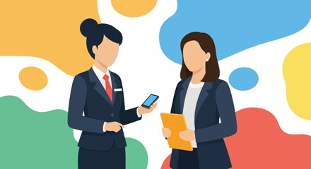 Two professional women in business attire collaborate, one holding a smartphone, the other a document, symbolizing modern communication and teamwork.