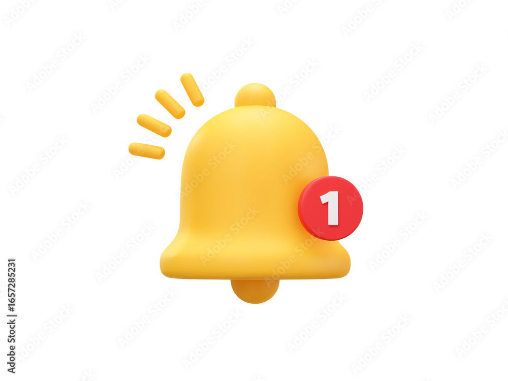 Poster bright yellow 3d notification bell icon with a red circle displaying the number one isolated on tran