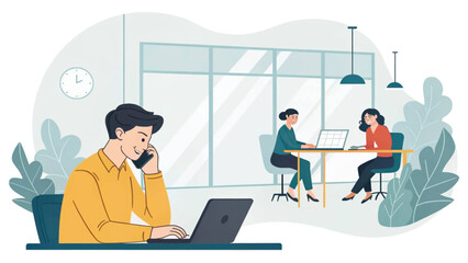 Dynamic modern office scene: A man on a call and laptop, two women collaborating on computers. Illustrates teamwork, communication, and workplace productivity.