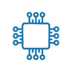 Digital Microchip Icon. Abstract blue and white central processing unit graphic. Represents technological innovation, smart systems, and global data connections.