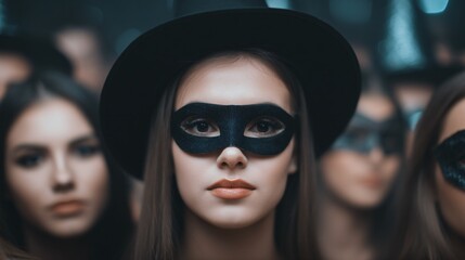 festive Halloween party scene with people in elaborate costumes, cinematic lighting