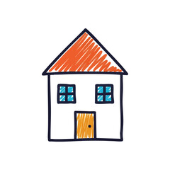 Childlike Home Drawing. This vibrant doodle portrays a basic residence, emphasizing simplicity and warmth. Perfect for themes of domesticity, shelter, or artistic expression.