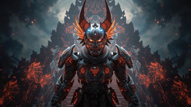 Barong, Balinese mythology, Bali, Indonesia, folklore, legend, guardian, spirit, mythical creature, monster, Rangda, good vs evil, cyberpunk, futuristic, modern, digital, warrior, armor, glowing eyes,