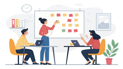 Business team collaborating on a project with sticky notes on a whiteboard. Concept of teamwork, strategy, and office productivity.