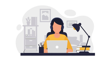 Woman with headphones working on laptop at home office desk. Depicts remote work, online learning, or virtual communication. Ideal for business and lifestyle.