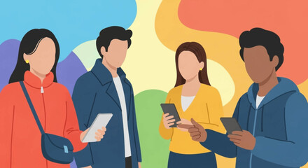 Diverse young people engage with smartphones and mobile devices, illustrating modern communication, social media, and digital lifestyle concepts.