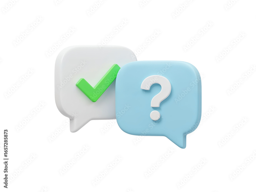 Poster two 3d speech bubbles one with a green checkmark and the other with a white question mark isolated o
