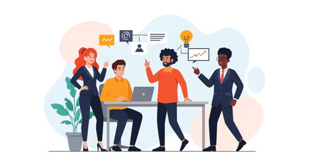 Diverse business team collaborating on new ideas, sharing insights, and developing strategies in a dynamic office meeting. Concepts of growth and innovation.