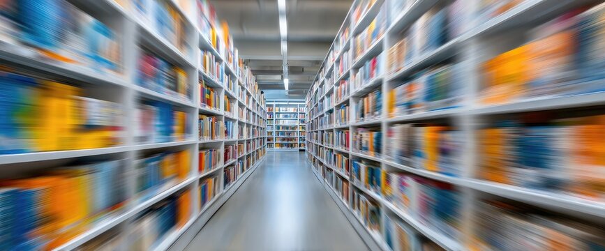 A long aisle of bookshelves filled with colorful books
