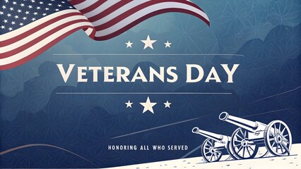 Patriotic Veterans Day Illustration with American Flag Cannons and Starry Sky Honoring Service and Sacrifice on Dark Blue Background