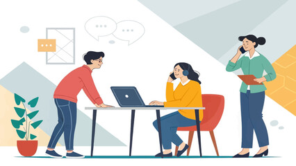 Business professionals actively collaborate and communicate in a modern office setting, using laptops and phones for efficient teamwork and support.
