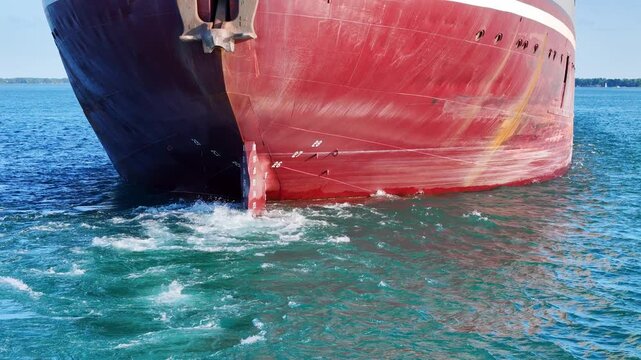 Massive freighter rudder creating wake on vibrant blue waters of Detroit River
