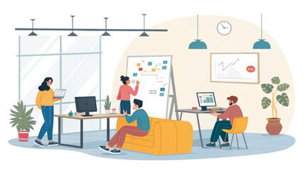 Modern office scene with a diverse team collaborating and brainstorming. Professionals working together, driving business growth and productivity in a dynamic environment.
