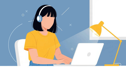 Person with headphones working on laptop at desk. Concept of remote work, online learning, or virtual communication.