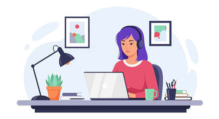 Woman working remotely on laptop at home office desk, wearing headphones for online meetings or focused study. Ideal for business, education, and modern lifestyle concepts.