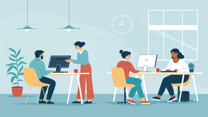 Diverse professionals collaborate and work on computers in a modern, open office environment, depicting teamwork and productivity.