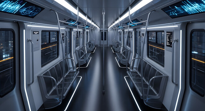 Futuristic subway car interior with digital displays and sleek design elements