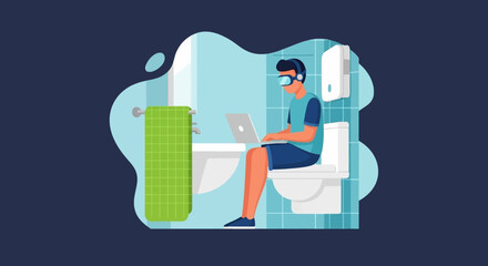 Person using VR headset and laptop while on the toilet, symbolizing remote work, digital lifestyle, and multitasking from home. Modern technology.
