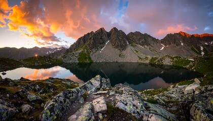 Serene mountain lake at sunset, reflecting fiery clouds in tranquil stillness.