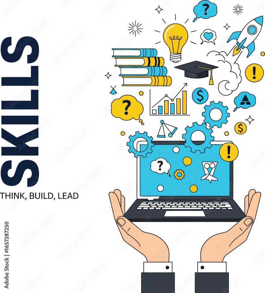 Poster hands holding laptop with skills and ideas exploding upwards