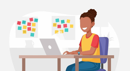 Smiling person working remotely on a laptop, surrounded by sticky notes symbolizing brainstorming and agile project management in a vibrant office setup.