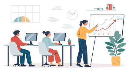 Business team collaborates in the office, analyzing data and presenting growth trends. Concepts of teamwork, success, and professional development.