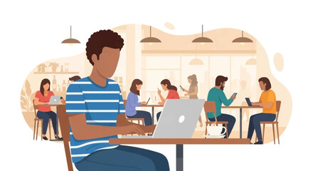 People working and connecting on laptops and phones in a modern cafe. Represents remote work, freelance, digital nomad lifestyle, and public Wi-Fi spaces.