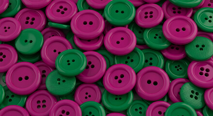 Vibrant green and pink buttons scattered for creative craft projects, design elements, or fashion