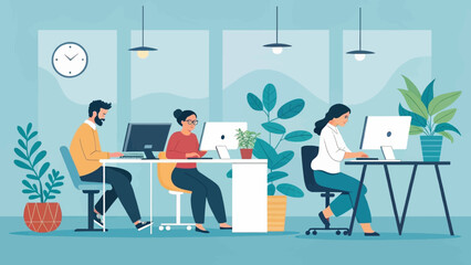 Diverse team working diligently in a modern, well-lit open-plan office. Represents productivity, collaboration, and contemporary business environment.