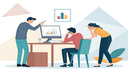 Business team collaborating on data analysis in an office. Professionals reviewing charts, discussing strategy, and problem-solving, ideal for corporate and finance concepts.