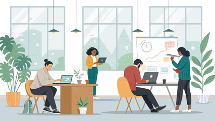 Diverse professionals collaborate in a modern, bright office, utilizing laptops and a whiteboard for data analysis and strategic planning.