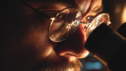 Close-up of a person with curly hair and glasses drinking from a glass cup, warm lighting highlighting facial features and reflective